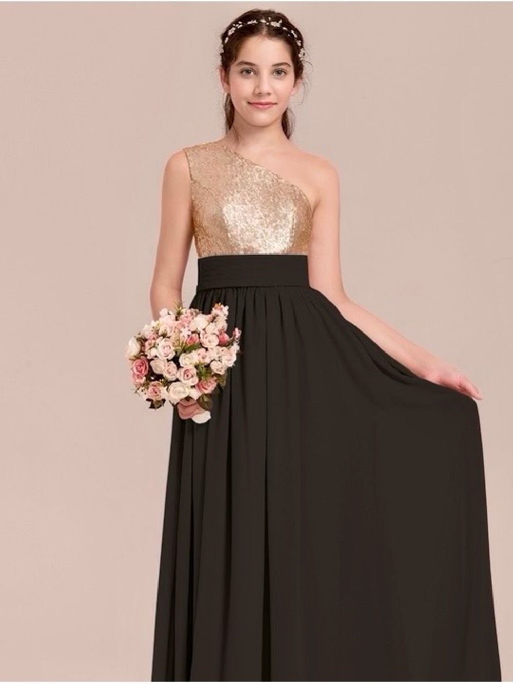 JJ’s Hoise One-Shoulder Gold and Black Evening Dress